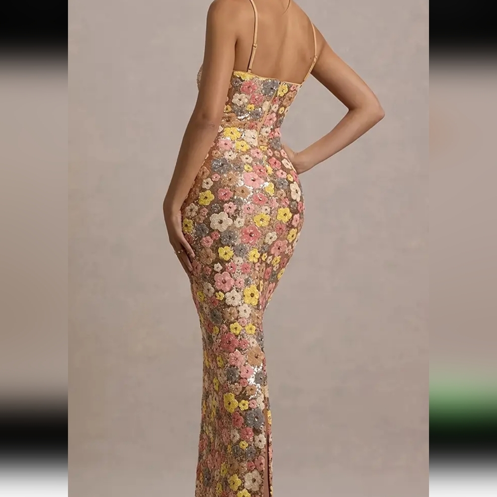 Floral Pattern Sequined Cami Dress, Elegant Backless Sleeveless Split Hem Slim - Picture 4 of 5